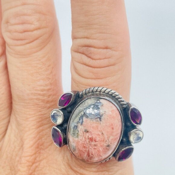 Artisan Rhodonite Garnet Moonstone Ring Size 9 Sterling Silver Bezel Set Stones - Picture 3 of 10